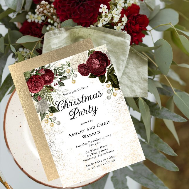 Glam Burgundy Rose Floral Christmas Party Invitation (Glam Burgundy Roses and Faux Sepia Gold Glitter Elegant Christmas Party Invitation)