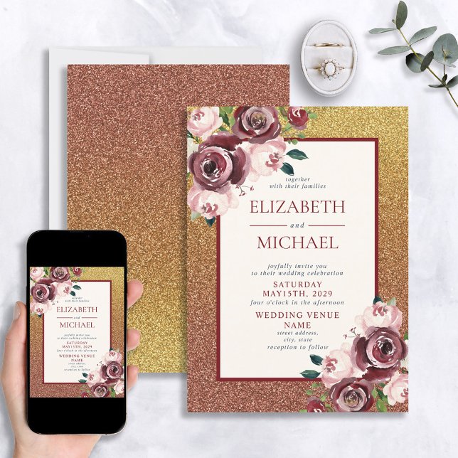 Glam Burgundy Rose Gold Glitter Floral Wedding Invitation (Creator Uploaded)