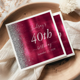 Glam Burgundy Silver Glitter 40th Birthday Party Napkin