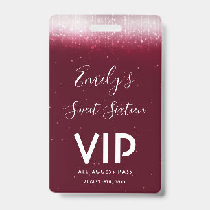 Glam Burgundy Sweet 16 Invitation VIP Pass Badge ID Badge
