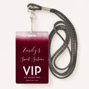 Glam Burgundy Sweet 16  Invitation VIP Pass Badge ID Badge