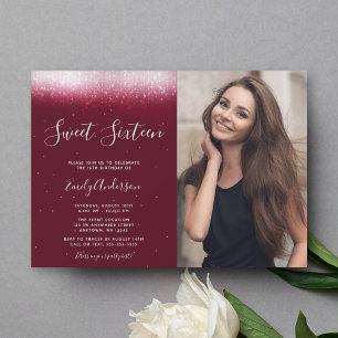 Glam Burgundy Sweet 16 Photo Invitation