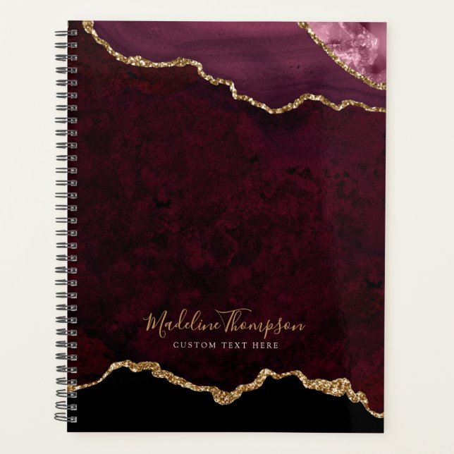 Glam Burgundy Velvet Agate Geode Gold Script Planner (Front)