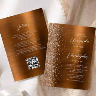 Glam Burnt Orange Brushed Metal QR Code Wedding Invitation