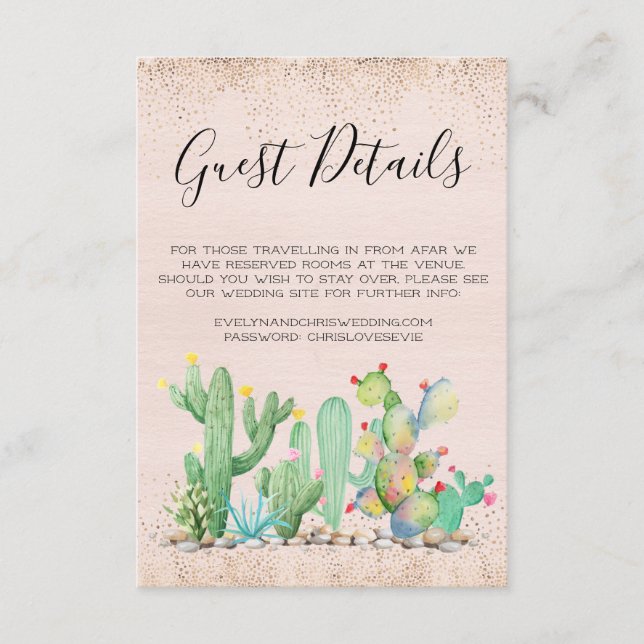 Glam Cactus Wedding Guest Details Card (Front)