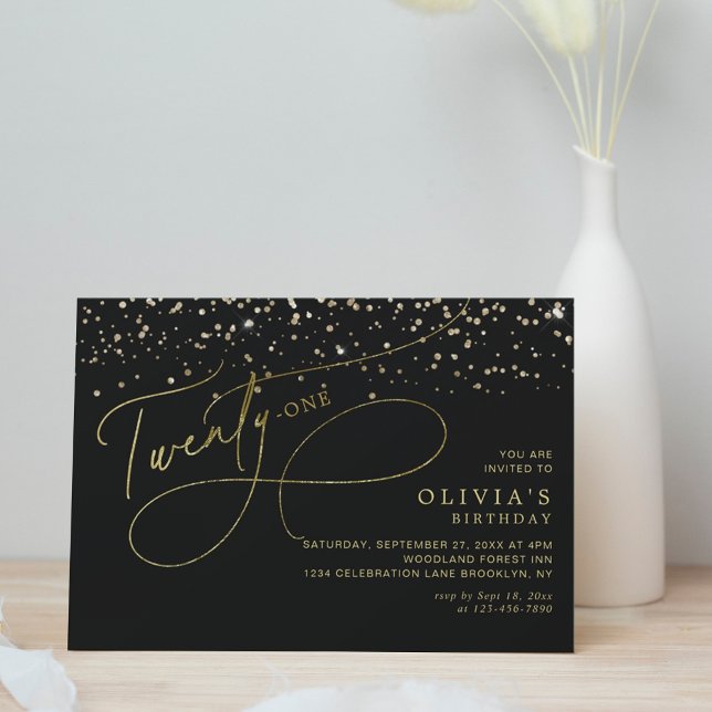 Glam Calligraphy Black Gold Confetti 21st Birthday Invitation (Creator Uploaded)