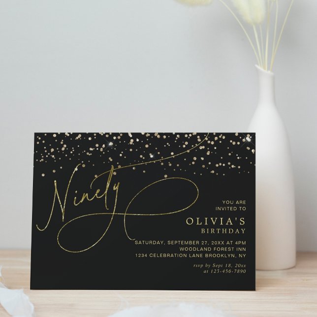 Glam Calligraphy Black Gold Confetti 90th Birthday Invitation (Creator Uploaded)