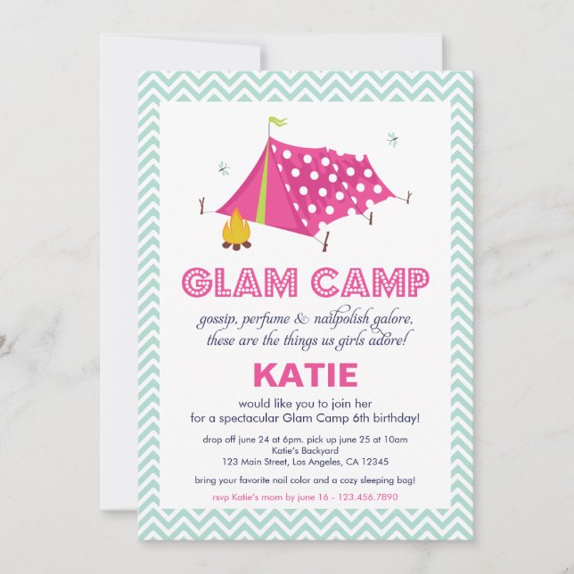 Glam Camp Makeover Girls Birthday Invitation Card (Front)