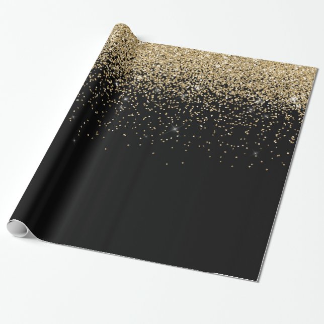Glam Cascades of Gold Glitter Black Background Wrapping Paper (Unrolled)