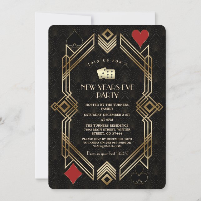 Glam Casino Las Vegas Gold Gatsby New Year's Eve Invitation (Front)