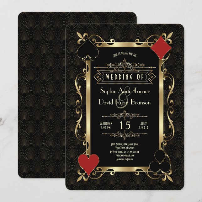 Glam Casino Night Gold Art Deco 20s Gatsby Wedding Invitation (Front/Back)