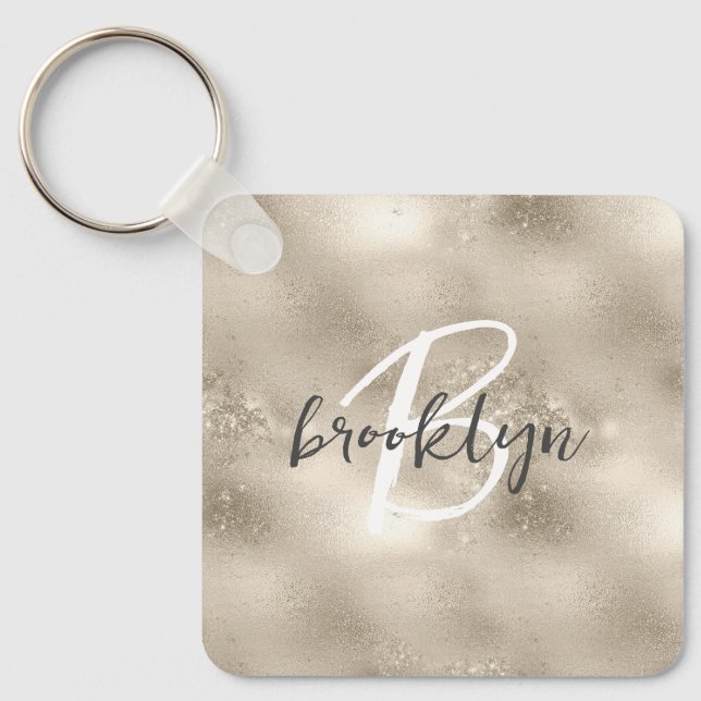 Glam Champagne Gold Glitter Sparkle Monogram  Key Ring (Front)