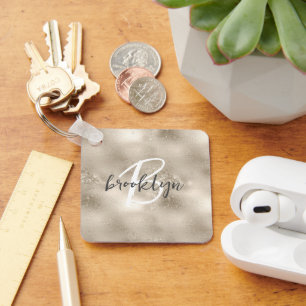 Glam Champagne Gold Glitter Sparkle Monogram  Key Ring