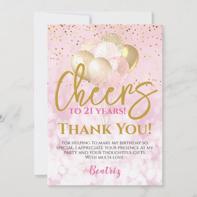 Glam Cheers To 21 Years 21st Birthday Thank You Card (Front)