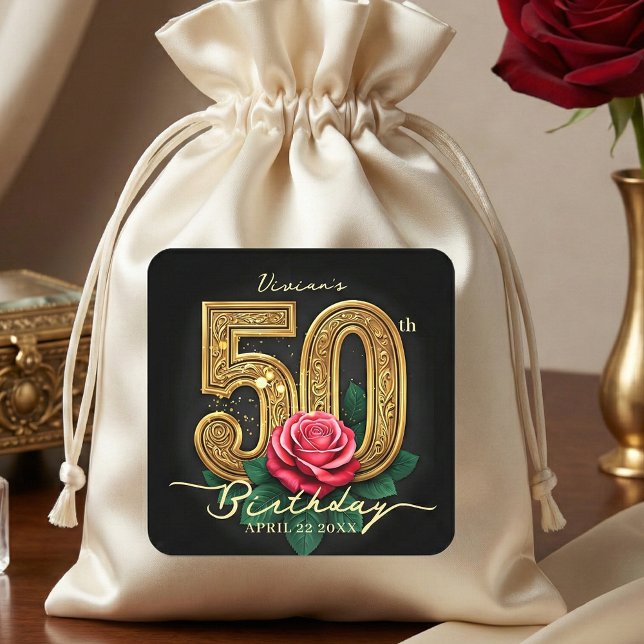 Glam Chic Black Gold Red Rose Floral 50th Birthday Square Sticker (Creator Uploaded)