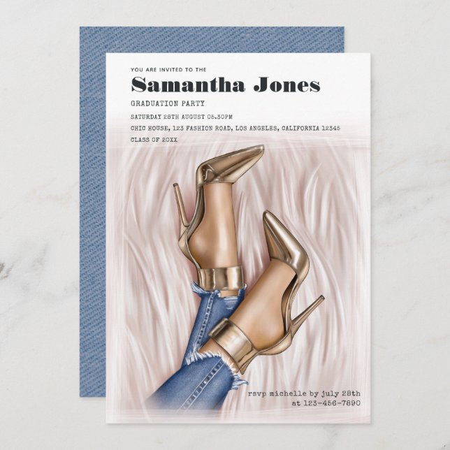 Glam Chic Fashion Denim Graduation Party Invitation (Front/Back)