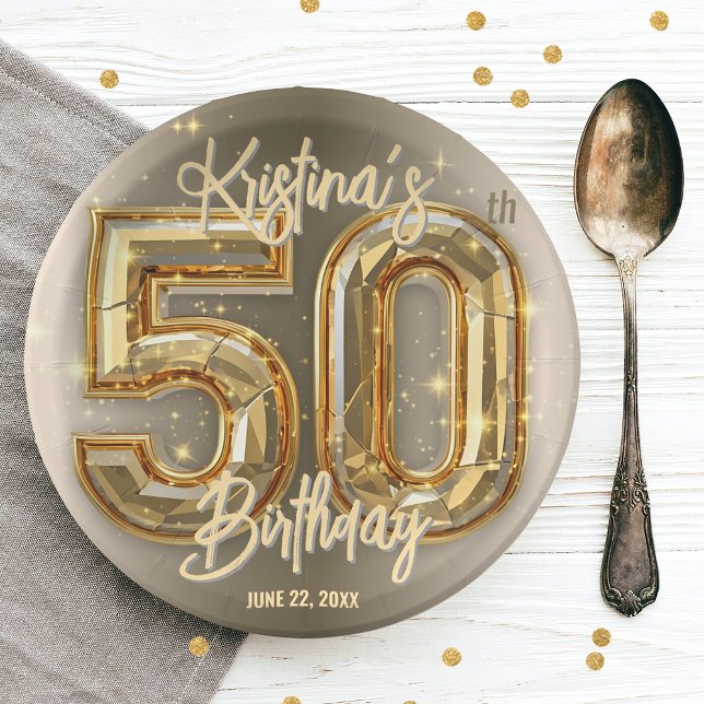 Glam Chic Gold and Diamond Accents 50th Birthday Paper Plate (Creator Uploaded)