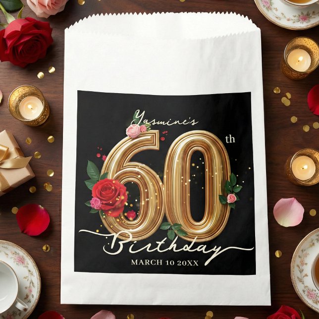 Glam Chic Gold Red Roses on Black 60th Birthday Favour Bag (Creator Uploaded)