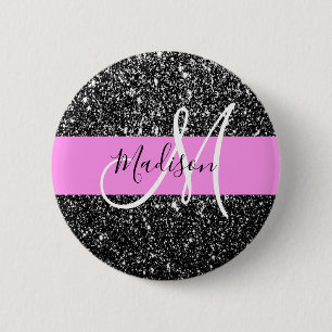 Glam Chic Pink Black Glitter Sparkle Name Monogram 6 Cm Round Badge