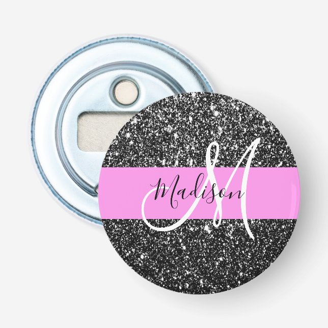 Glam Chic Pink Black Glitter Sparkle Name Monogram Bottle Opener (Front)