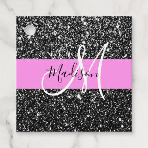 Glam Chic Pink Black Glitter Sparkle Name Monogram Favour Tags