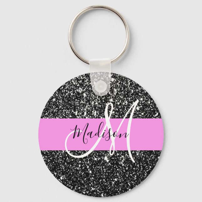 Glam Chic Pink Black Glitter Sparkle Name Monogram Key Ring (Front)