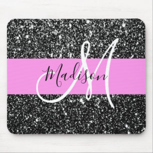 Glam Chic Pink Black Glitter Sparkle Name Monogram Mouse Pad