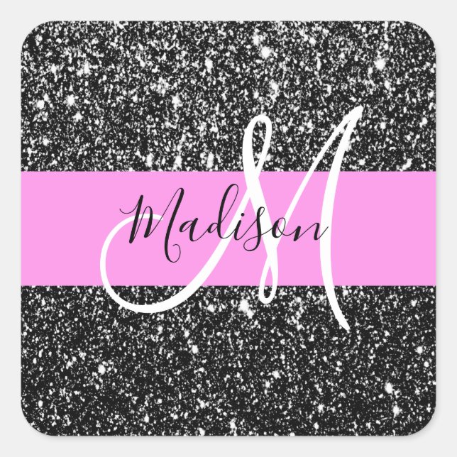 Glam Chic Pink Black Glitter Sparkle Name Monogram Square Sticker (Front)