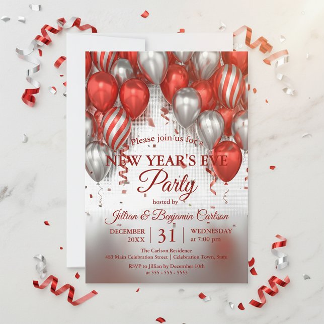 Glam Chic Red Silver Balloons New Year's Eve Party Invitation (Creator Uploaded)