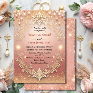glam chic rose gold Glitter gold frame wedding Invitation