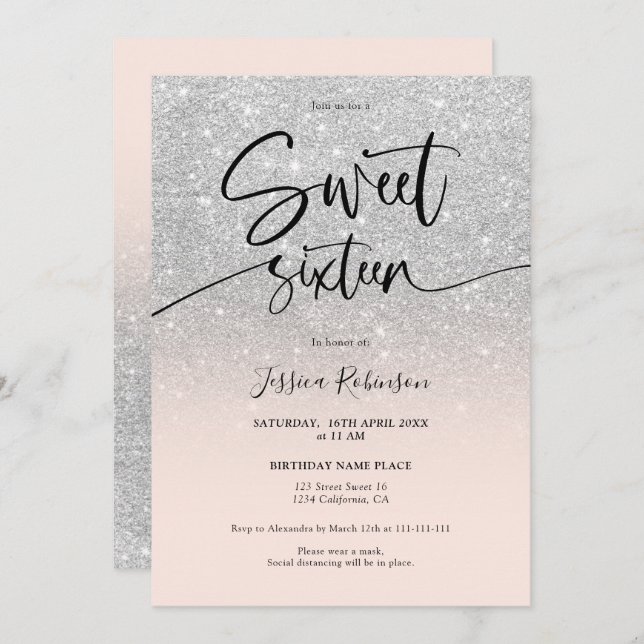 Glam chic silver glitter ombre girly pink Sweet 16 Invitation (Front/Back)