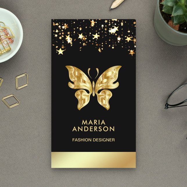 Glam Chic Stars Confetti Black Gold Foil Butterfly Business Card (Creator Uploaded)
