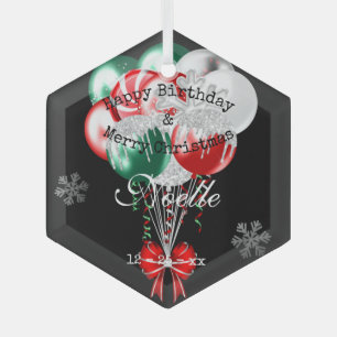 Glam Christmas Birthday Balloons and Snowflakes Glass Tree Decoration