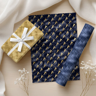 Glam Christmas Navy Blue Gold Deer Fans Stripes Wrapping Paper Sheet
