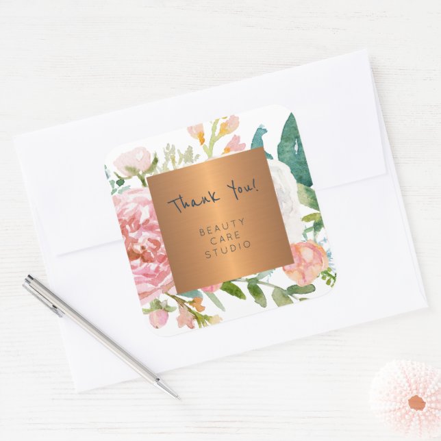 Glam copper metallic pastel peonies thank you square sticker (Envelope)