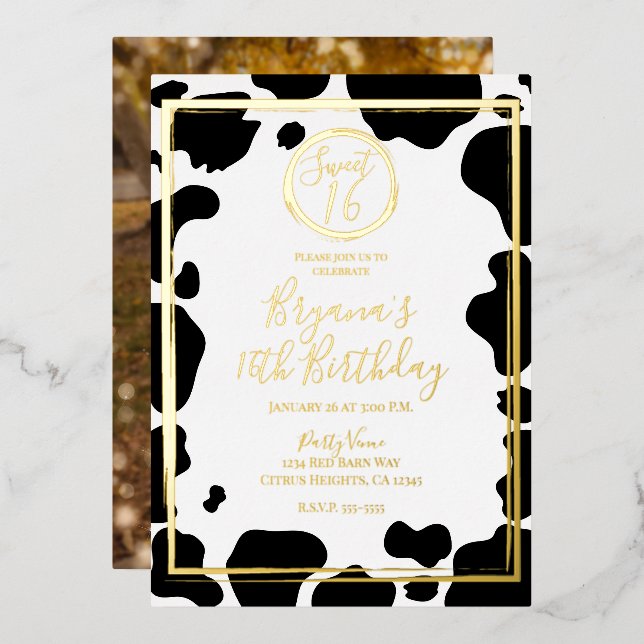 Glam Cow Print Modern Border Wedding Photo Gold (Front/Back)