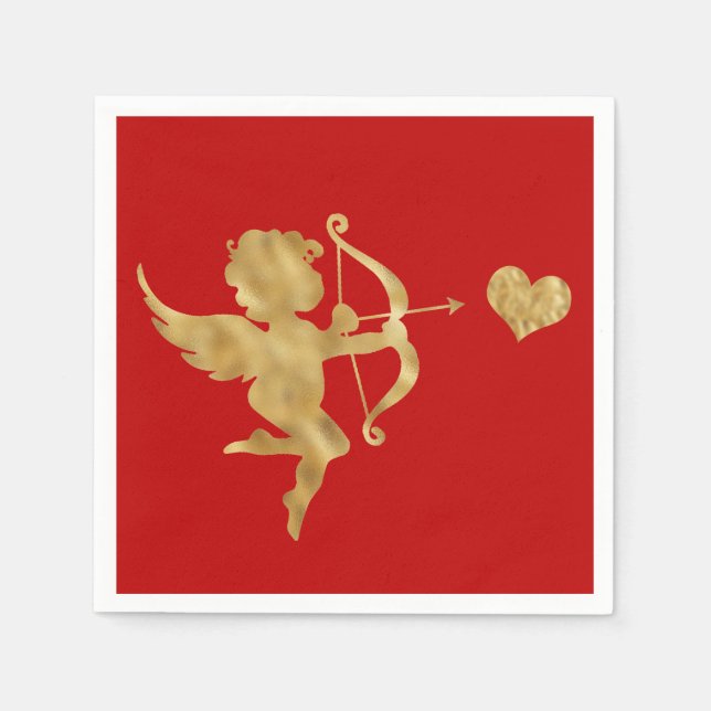 Glam Cupid Gold Red Heart Valentine Napkin (Front)