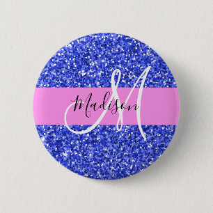 Glam Dark Blue Pink Glitter Sparkles Name Monogram 6 Cm Round Badge