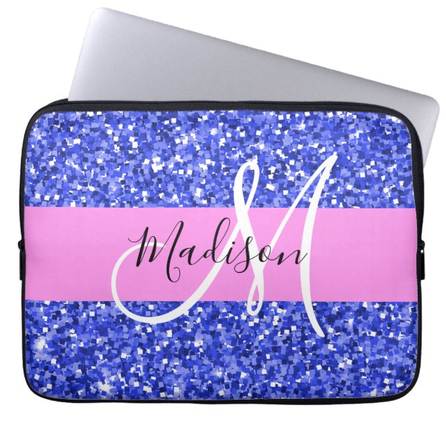 Glam Dark Blue Pink Glitter Sparkles Name Monogram Laptop Sleeve (Front)
