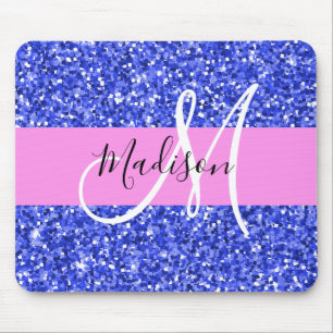 Glam Dark Blue Pink Glitter Sparkles Name Monogram Mouse Pad