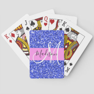 Glam Dark Blue Pink Glitter Sparkles Name Monogram Playing Cards