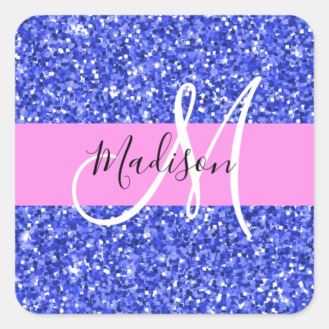 Glam Dark Blue Pink Glitter Sparkles Name Monogram Square Sticker (Front)