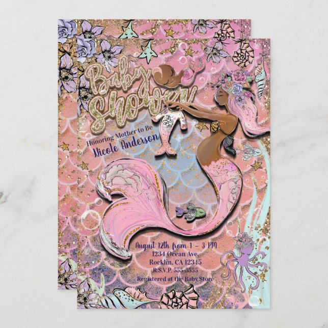 Glam Dark Ethnic Prego Mermaid Glitter Baby Shower Invitation (Front/Back)
