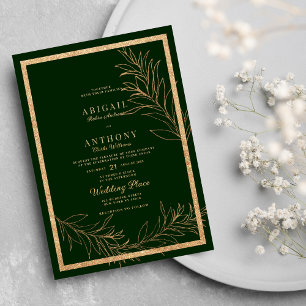 Glam dark green gold glitter leaf floral Wedding Invitation