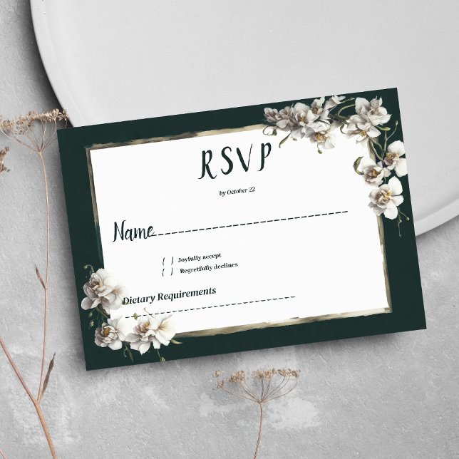 Glam dark green gold white orchid flower RSVP Invitation (Glam dark green gold white orchid flower RSVP)
