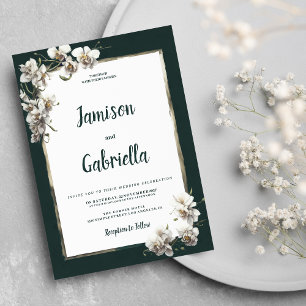 Glam dark green gold white orchid flower Wedding Invitation