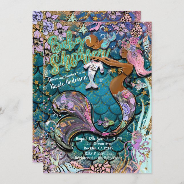 Glam Dark Mermaid Gold Glitter Boys Baby Shower Invitation (Front/Back)