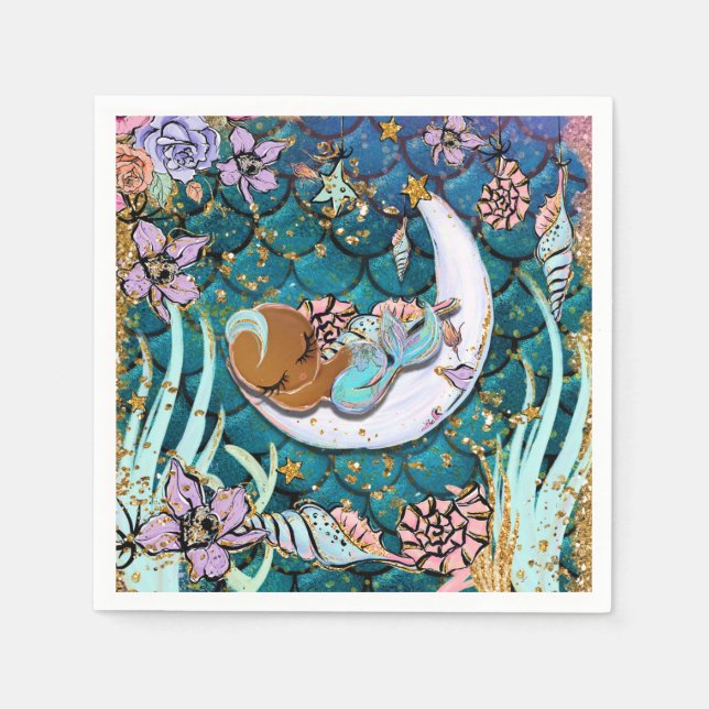 Glam Dark Mermaid Gold Glitter Boys Baby Shower Napkin (Front)