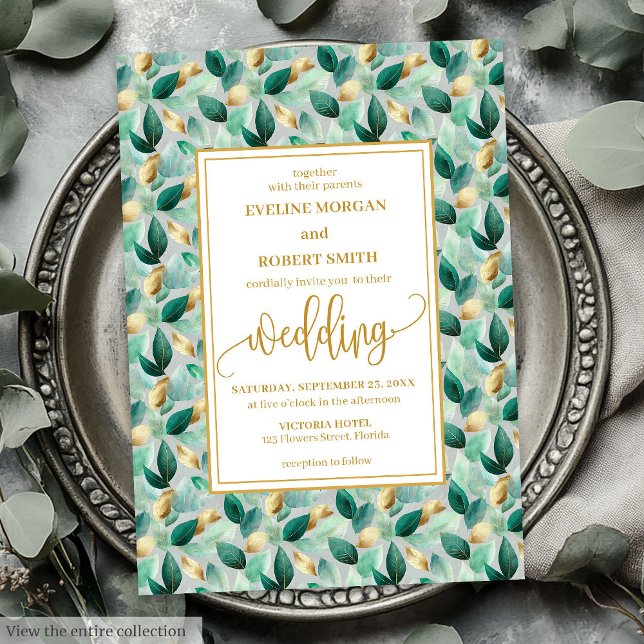 Glam Deep Green Gold Leaves Wedding Invitation (Glam Deep Green Gold Leaves Wedding Invitation)