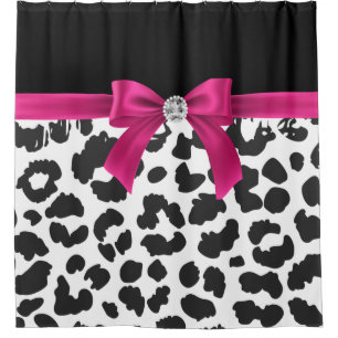 Glam Deep Pink Bow-Snow Leopard Print-Black Shower Curtain